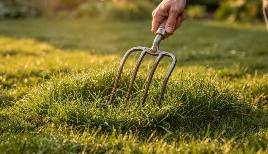 Donner un coup de fourche dans la pelouse, un geste ancien qui rend le gazon plus dense